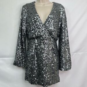 OPT Silver and Black Fully Sequined Wrap top long sleeve mini dress Brand New
